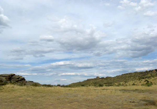 Szeroki Step Żółtym Trawa Pod Błękitne Niebo Białe Chmury Sajany — Zdjęcie stockowe