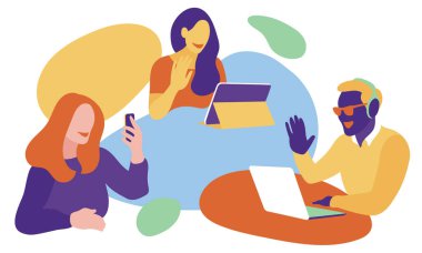 Evde çalışan insanların video konferansı. Vektör illüstrasyonu.