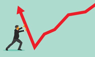 Genç işadamı iş grafiğini yukarı itiyor