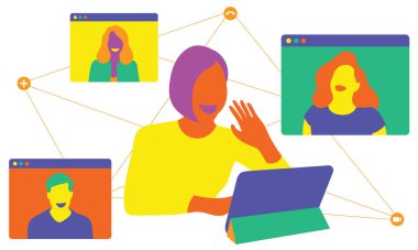 Evde çalışan insanların video konferansı. Vektör illüstrasyonu.