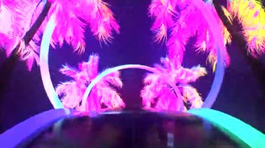 Soyut neon fütüristik arka plan, tropikal palmiye, gece gökyüzü, neon koridor, tekno tünel, disko atmosferi, 