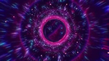 Sihirli mavi ve pembe özellikleri ve dalgaları olan bir kara delik var. Kameranın yanında dalgalar ve dalgalar uçuşuyor.