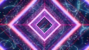 Kameranın yanında uçan neon kareler var. Neon karelerin arkasında mavi ve kırmızı çizgiler var.