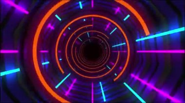 Soyut teknolojik tünel, titreşimli animasyon, metalik yarı daireler ve turuncu neon lambalar, döngülü animasyon, vj döngüsü, sonsuz koridor, üç boyutlu soyut arkaplan