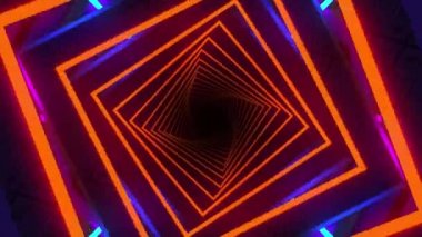Soyut teknolojik tünel, metalik kareler ve turuncu neon lambalar, döngülü animasyon, vj döngüsü, sonsuz koridor, üç boyutlu soyut arkaplan, hipnotik spiral