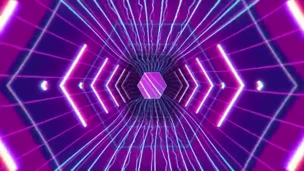 Det Finns Neontunnel Med Vågornas Linjer Och Hexagon Mitten — Stockvideo