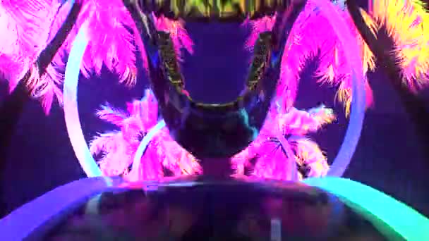 アブストラクトネオン未来的背景 熱帯のヤシ 金属光沢のある頭蓋骨 ネオン廊下 テクノトンネル ディスコ雰囲気 — ストック動画