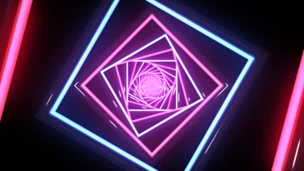 无穷无尽的隧道 正方形的霓虹灯螺旋形 蓝色和粉色灯 3D走廊 — 图库视频影像