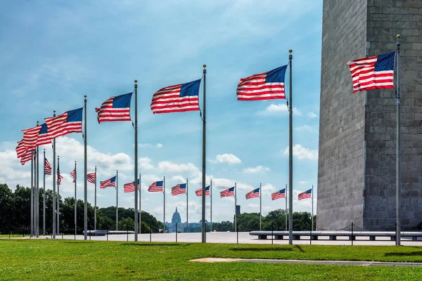 Amerikai zászlók, juharfalevél Washington DC-ben. — Stock Fotó
