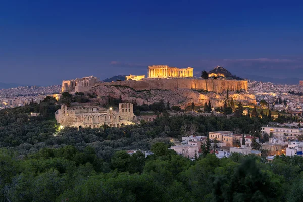 Nachtzicht Akropolis Van Athene Griekenland Met Parthenon Tempel — Stockfoto
