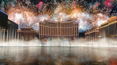 New Year celebration fireworks on Bellagio hotel and casino in Las Vegas strip, Nevada, USA. clipart