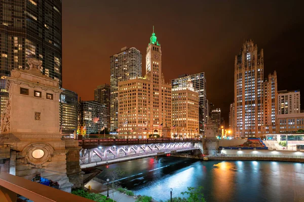 Chicago Downtown Natten Cityscape Chicago City River Sable Bridge Night — Stockfoto