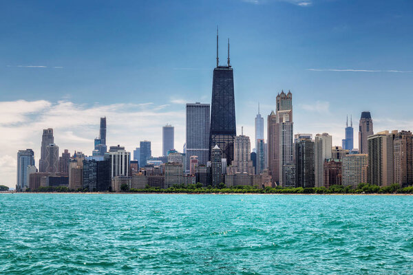 Chicago Downtown skyline at sunny summer day from Lake Michigan, Chicago, Illinois, USA.