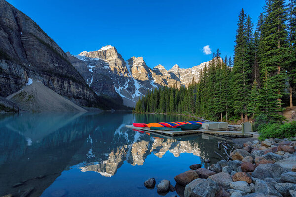Spectacular view of Moraine Lake early morning in Banff National Park, Alberta Canada