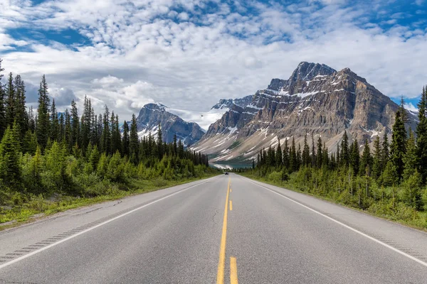 Yolculuk. Güneşli yaz gününde Kanada Kayalıklarında manzara yolu, Icefields Parkway, Banff Ulusal Parkı, Alberta, Kanada.