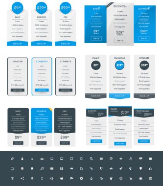 Tablo tasarım şablonları Web siteleri ve uygulamalar için fiyatlandırma kümesi. Vektör simge seti ile planları fiyatlandırma. Mavi ve siyah renk. Düz stil vektör çizim