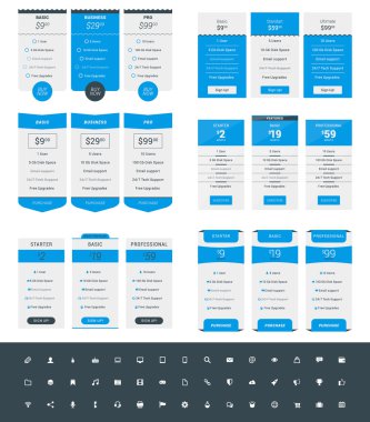 Tablo tasarım şablonları Web siteleri ve uygulamalar için fiyatlandırma kümesi. Vektör simge seti ile planları fiyatlandırma. Mavi ve siyah renk. Düz stil vektör çizim