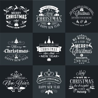 Neşeli Noel ve mutlu yeni yıl dekoratif rozetleri kümesi için tebrik kartları ve davetiyeler. Vektör çizim beyaz ve siyah renkler