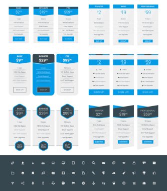 Tablo tasarım şablonları Web siteleri ve uygulamalar için fiyatlandırma kümesi. Vektör simge seti ile planları fiyatlandırma. Mavi ve siyah renk. Düz stil vektör çizim
