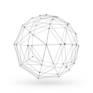 Tel kafes poligonal geometrik öğesi. Bağlantılı çizgiler ve noktalar ile küre. Vektör çizim gölge beyaz zemin üzerine
