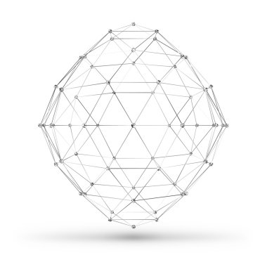 Soyut tel kafes poligonal geometrik öğeyle bağlantılı çizgiler ve noktalar. Vektör çizim gölge beyaz zemin üzerine