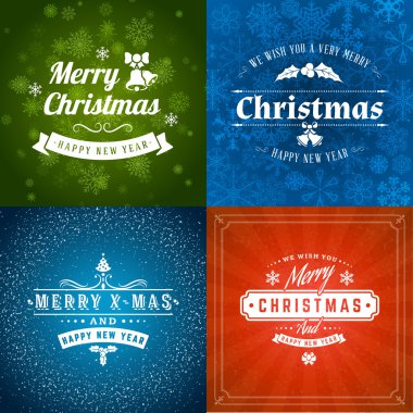 Neşeli Noel ve mutlu yeni yıl dekoratif rozetleri kümesi için tebrik kartları ve davetiyeler. Vektör çizim. Renkli arka plan ile kar taneleri ve ışıklar