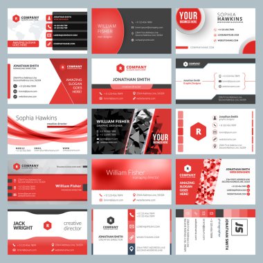 Kartvizit şablonları. İleti örneği tasarım vektör kümesi. Kırmızı ve siyah renkleri. Düz stil vektör çizim