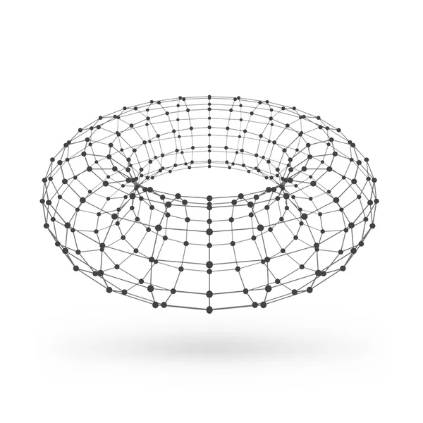 Elemento geométrico poligonal Wireframe. Torus con líneas y puntos conectados. Ilustración vectorial sobre fondo blanco con sombra — Archivo Imágenes Vectoriales