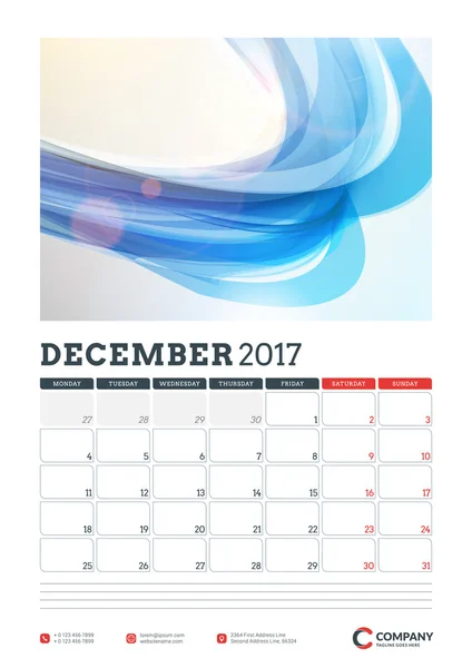 Plantilla de planificador de calendario de pared para 2017 Año. Diciembre. Plantilla de diseño vectorial con fondo abstracto. La semana comienza el lunes. Orientación al retrato — Vector de stock