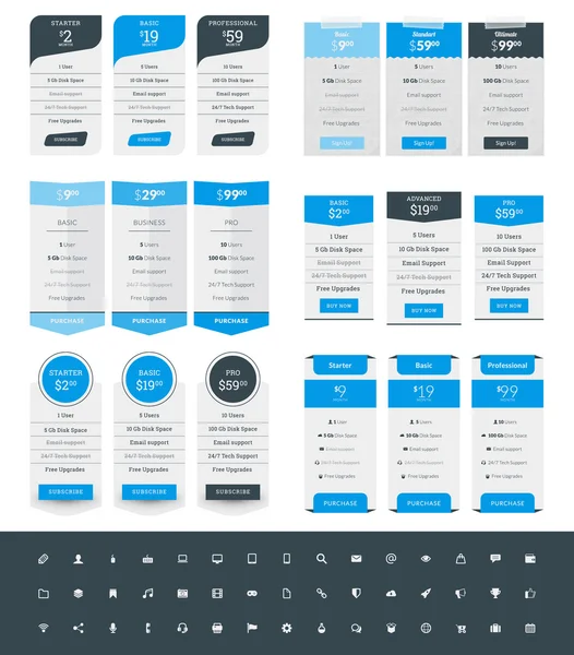 테이블 디자인 서식 파일 웹 사이트 및 응용 프로그램에 대 한 가격의 세트. 벡터 아이콘 세트와 계획 가격입니다. 블루와 블랙 색상입니다. 평면 스타일 벡터 일러스트 레이 션 — 스톡 벡터