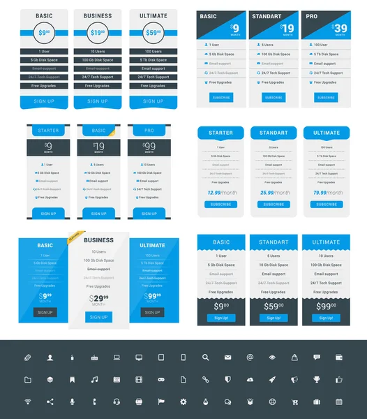 Conjunto de plantillas de diseño de tablas de precios para sitios web y aplicaciones. Planes de precios vectoriales con el conjunto de iconos. Colores Azul y Negro. Estilo plano Vector Ilustración — Vector de stock