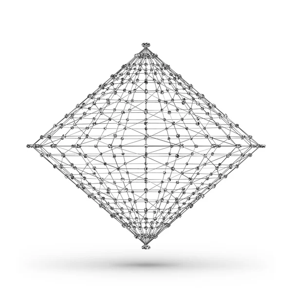 Elemento geométrico poligonal de armazón de alambre abstracto con líneas y puntos conectados. Ilustración vectorial sobre fondo blanco con sombra — Archivo Imágenes Vectoriales