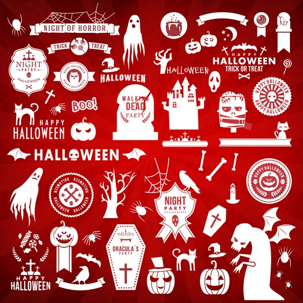 Set di Happy Halloween silhouette bianche su sfondo rosso. Elementi decorativi. Illustrazione vettoriale — Vettoriale Stock