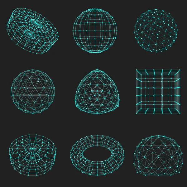 Conjunto de elementos poligonais wireframe. Objetos 3D geométricos abstratos com linhas e pontos conectados. Objetos de luz sobre fundo preto — Vetor de Stock