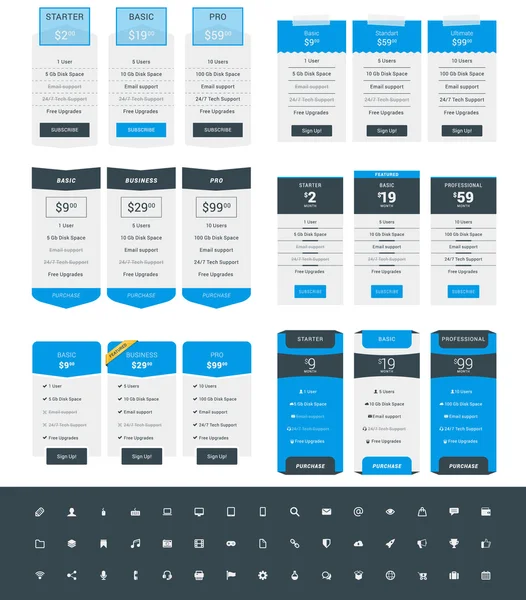 Set de șabloane de proiectare a tabelului pentru site-uri web și aplicații. Planuri de prețuri vectoriale cu set de icoane. Albastru şi negru. Flat Style Vector Illustration — Vector de stoc