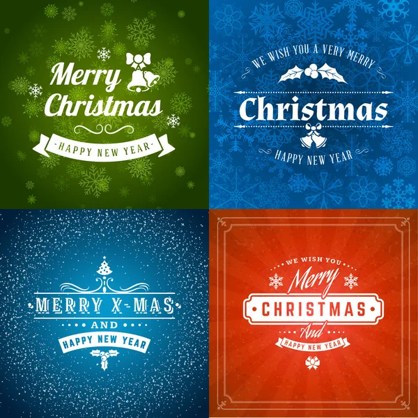 Set von frohen Weihnachten und ein glückliches neues Jahr dekorative Abzeichen für Grußkarten oder Einladungen. Vektorillustration. abstrakte bunte Hintergrund mit Schneeflocken und Lichtern — Stockvektor
