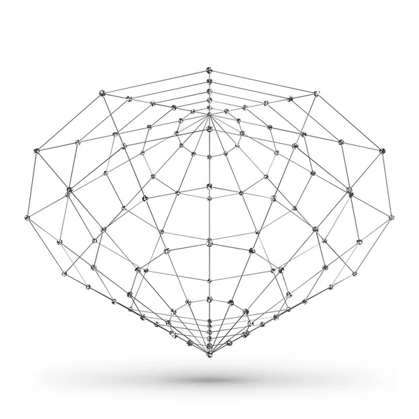 Elemen geometris poligonal bingkai Wireframe. Kerucut dengan garis dan titik-titik yang terhubung. Ilustrasi Vektor pada latar belakang putih dengan bayang-bayang - Stok Vektor