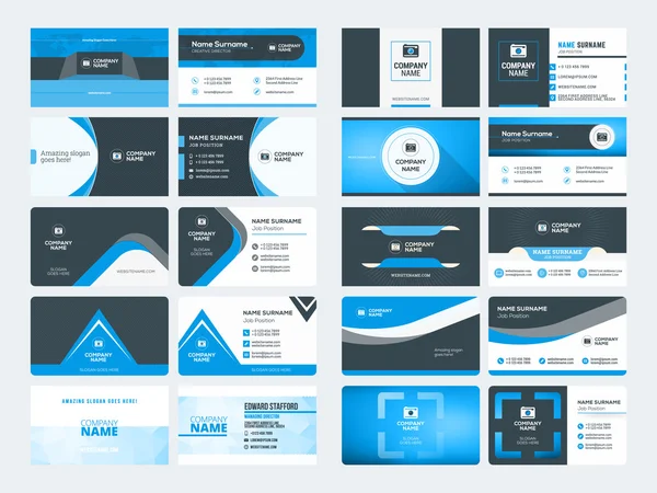 Satz moderner kreativer Visitenkartenvorlagen. blaue und schwarze Farben. flache Vektorillustration. Schreibwarendesign — Stockvektor