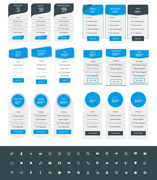 Set of Pricing Table Design Templates for Websites and Applications (dalam bahasa Inggris). Rencana harga vektor dengan Icon Set. Warna Biru dan Hitam. Ilustrasi Vektor Gaya Datar - Stok Vektor