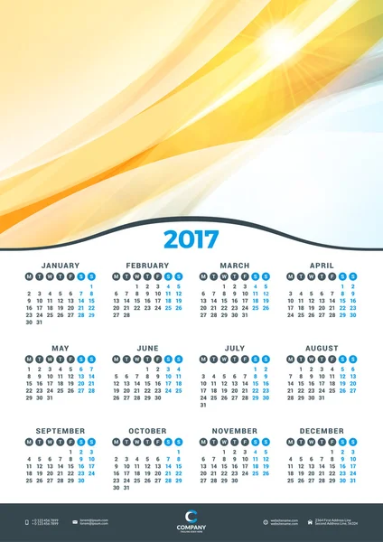 Cartaz de calendário de parede para 2017 Ano. Modelo de impressão de design vetorial. Desenho de papelaria. Calendário vetorial com fundo abstrato — Vetor de Stock