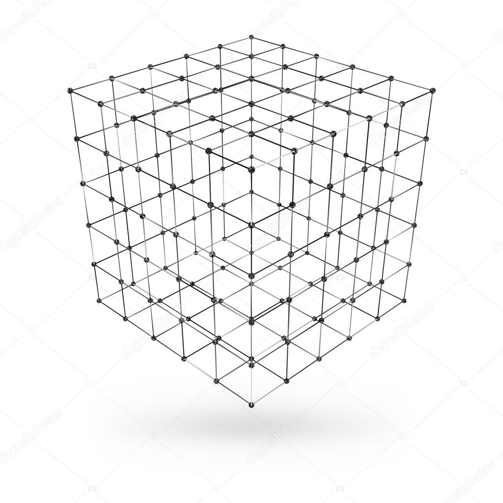 Wireframe polygonal geometric element. Cube with connected lines and dots. Vector Illustration on white background with shade