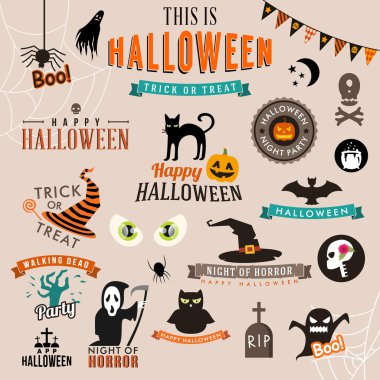 Mutlu Cadılar Bayramı sembolleri ve dekorasyon elemanları ayarlayın. Vektör çizimi