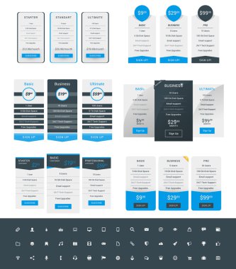 Tablo tasarım şablonları Web siteleri ve uygulamalar için fiyatlandırma kümesi. Vektör simge seti ile planları fiyatlandırma. Mavi ve siyah renk. Düz stil vektör çizim