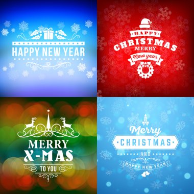 Neşeli Noel ve mutlu yeni yıl dekoratif rozetleri kümesi için tebrik kartları ve davetiyeler. Vektör çizim. Renkli arka plan ile kar taneleri ve ışıklar