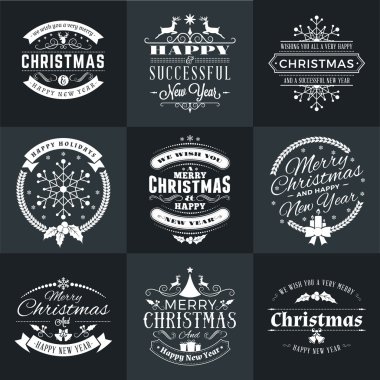 Neşeli Noel ve mutlu yeni yıl dekoratif rozetleri kümesi için tebrik kartları ve davetiyeler. Vektör çizim beyaz ve siyah renkler