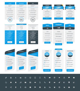 Tablo tasarım şablonları Web siteleri ve uygulamalar için fiyatlandırma kümesi. Vektör simge seti ile planları fiyatlandırma. Mavi ve siyah renk. Düz stil vektör çizim
