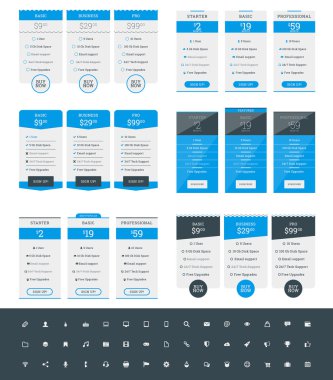 Tablo tasarım şablonları Web siteleri ve uygulamalar için fiyatlandırma kümesi. Vektör simge seti ile planları fiyatlandırma. Mavi ve siyah renk. Düz stil vektör çizim