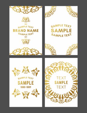 Çiçek Dekoratif Logo Çerçeve Seti, Kenarlık ve Monogram, Beyaz Arka Plan Vektör İllüstrasyon Altın.