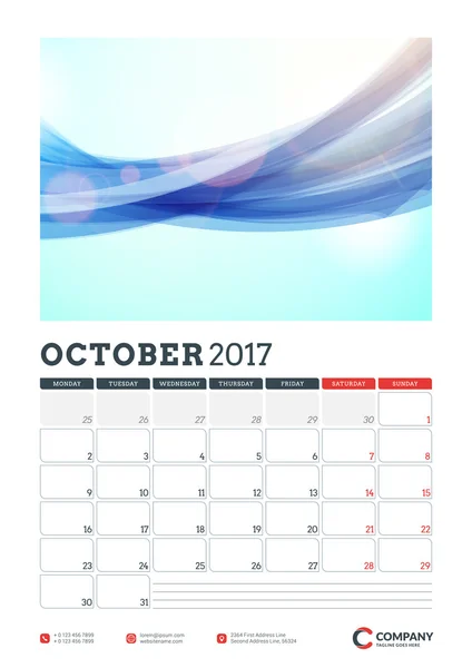 Plantilla de planificador de calendario de pared para 2017 Año. Octubre. Plantilla de diseño vectorial con fondo abstracto. La semana comienza el lunes. Orientación al retrato — Vector de stock