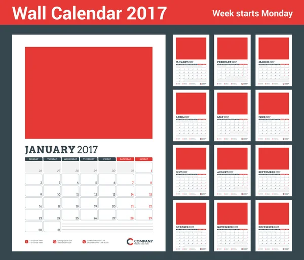 Plantilla de planificador de calendario de pared para 2017 Año. Conjunto de 12 meses. Plantilla de diseño vectorial con lugar para la foto. La semana comienza el lunes. Orientación al retrato — Vector de stock